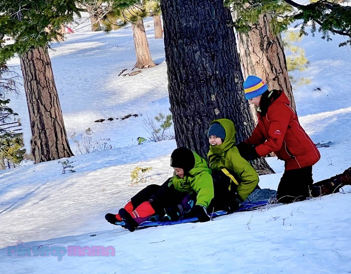 Girls in multi-color winter gear sledding in the woods while taking family snow pictures.