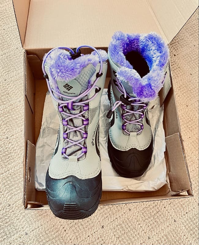 My brand new Columbia snow boots in light gray with lavender fur & laces and black rubber. Still in the box at home instead of out with Pix Snap Mama taking Wonderful Family Snow Pictures! 